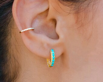 Turquoise Huggie Earrings • Turquoise and Diamond CZ Hoops, Small Gold Earrings • Summer Boho Style • Gift For Her