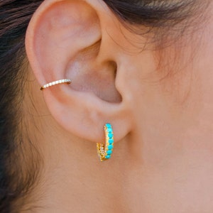 Turquoise Huggie Earrings • Turquoise and Diamond CZ Hoops, Small Gold Earrings • Summer Boho Style • Gift For Her