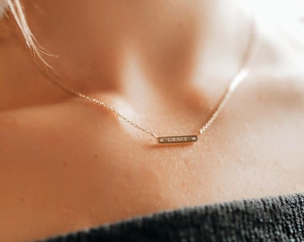 Tiny Bar Necklace, Dainty Custom Engraved Mini Name Personalized Necklace, Date Initials Gift