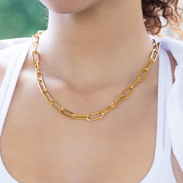 Chunky chain necklace, Gold Filled Thick Paperclip Chain, Statement Layering Necklace with Toggle, Large Paper Clip Link Chain Choker Gift