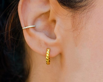 Bold Twisted Gold Hoops • Minimalist Croissant Hoop • Cable Rope Statement Hoops