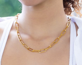 Chunky 18k Gold Filled Link, Large Paperclip Chain Necklace, Toggle Necklace Gold Thick Chain Choker Gift