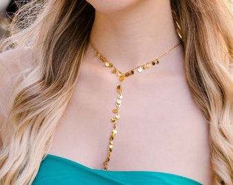 Gold Disc Lariat Necklace • Dangle Drop Y Necklace • Shaker Coin Long Sequin Sexy Boho Statement Jewelry