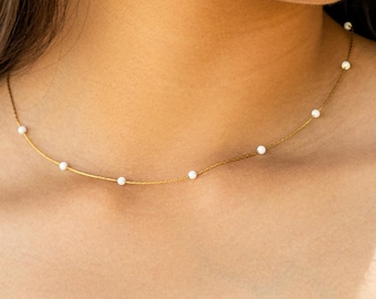 Dainty Tiny White Opal Beaded Necklace, October Birthstone Jewelry, Minimalist Gold Layering Waterproof Chain