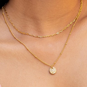 Hammered Disc with CZ Necklace, Simple Layered Gold Necklace, Minimalist Circle CZ Charm Disc Necklace, 18k Waterproof, Women Jewelry Gift