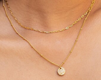 Small Gold Hammered Disc Necklace, Circle Coin with Diamond Layered Necklace, Waterproof Charm Jewelry Gift