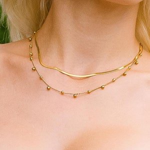 Delicate Layered Gold Necklaces for Her • Jewelry Set Multi Strand Necklace Bridesmaid Gifts, Simple Everyday Herringbone and Beaded Choker