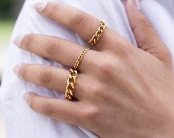 Cuban Chain 3 Ring Set, 18K Gold Filled Adjustable Chunky Stacking Rings Waterproof