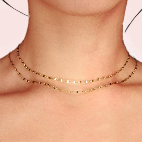 Gold Sparkle Shimmering Chain Necklace, Double Mirror Choker, Lace Chain, Glitter Chain, Twisted Sparkle Chain, Layering Necklace