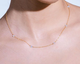 Floating Diamond Station Chain Necklace 18k Gold • Layering Satellite Choker Waterproof