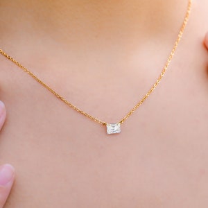 Baguette Diamond Necklace in Gold, Rose Gold, Silver Gift for her Minimalist Emerald Diamond Necklace CZ Solitaire Necklace image 4