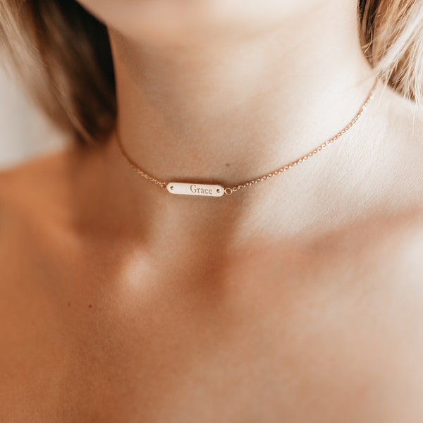 Initial Choker Necklace, Simple Choker, Custom Engraved Dainty Name Date Bar Choker, Name Plate Personalized Bar Necklace