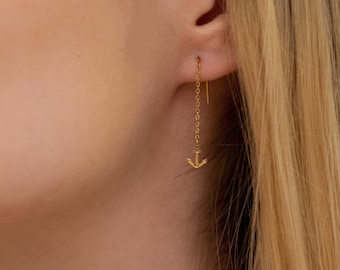 Anchor Earrings • Anchor threader earrings  • Gold Silver Tiny Anchor • Nautical Earrings • Sailor Gifts • Navy • Dangle Earrings