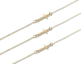 Sideways Gold Cross Bracelet, Small Dainty Christian Baptism First Communion & Confirmation Gift
