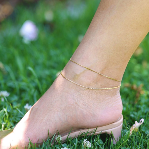 Layered Anklet, Dainty Double Layered Gold Box Chain Anklet • Waterproof 18k Gold Ankle Bracelet • Delicate Beach Summer Anklet