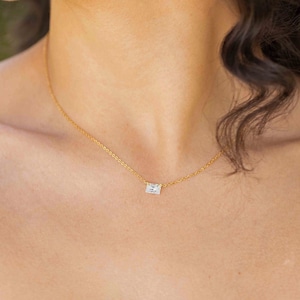 Baguette Diamond Necklace in Gold, Rose Gold, Silver Gift for her Minimalist Emerald Diamond Necklace CZ Solitaire Necklace image 1