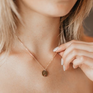 Custom Disc Necklace, Personalized Initial Birthstone Jewelry, Gold Initial Necklace with Birthstone, Tiny Disc Minimal Delicate Disc Tags