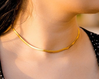 18K Gold Filled Herringbone Choker Necklace • Simple Snake Chain Layering Tarnish free & Waterproof Jewelry