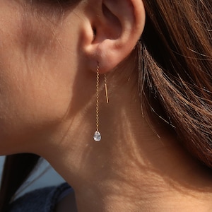 Boucles d'oreilles enfilet diamant poire flottante et zircone, boucles d'oreilles chaîne goutte d'eau gouttes d'eau en cristal transparents, pendentifs cz