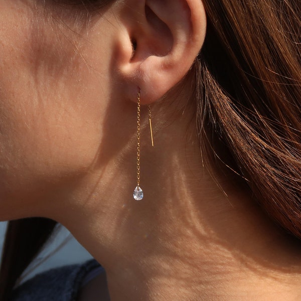 Zircon Diamond Threader Earrings, Gold Filled Minimalist Water drop Crystal Raindrop Chain Earrings, Pear Shape Dangling CZ Ear Threads gift