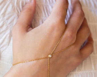 Gold Diamond Hand Chain Bracelet • Dainty Finger Chain • Gold Filled Slave Bracelet Waterproof Boho Gift for Her