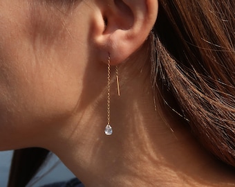 Boucles d'oreilles diamant poire flottante, fils d'oreilles pendants Zircon Zircon minimalistes en or remplis d'or