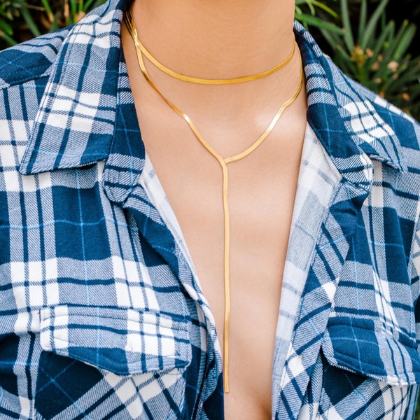 Lariat & Y Necklace for Women • Layering Snake Chain Choker • Herringbone Lariat Choker Necklace • Layering Y Lariat • 18k Gold Layered Gift