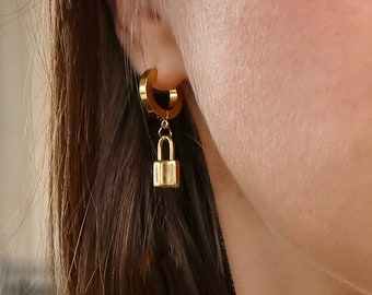 Gold Lock Earrings, Padlock Hoop Earrings, Dainty Huggie hoops, Padlock Charm Huggie Hoop Earrings, Minimalist Anniversary Gift for Her