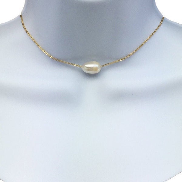 Freshwater Ivory Single Floating Pearl Ckoker Necklace on chain Natural Pearl, Simple One Pearl Pendant, Real Pearl Choker Necklace Gift