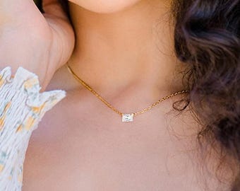 Baguette Floating Diamond Solitaire Necklace, Emerald Cut Bare CZ Layering Minimalist Waterproof Necklace