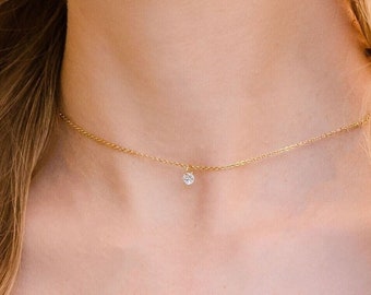Tiny Floating Diamond Necklace, Dainty Bare Diamond CZ Charm Layering Everyday Solitaire Choker