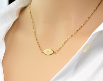 Diamond Evil Eye Necklace, gold evil eye necklace with tiny diamond, Hamsa Necklace, Protection Necklace, Personalized Engraved