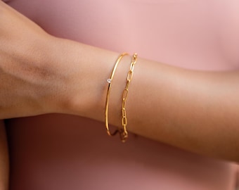 Gold Double Bracelet Set of 2, Stacking Paperclip link cuff Bangle, slip on Open Waterproof Bangle Gift for her