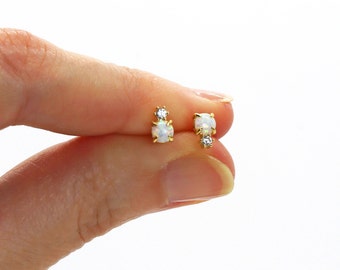 Dainty Opal Earrings, Gold Diamond Tiny Opal Studs • Opal Jewelry • White Opal Gemstone Bridesmaid Earrings • Birthday October Birthstone