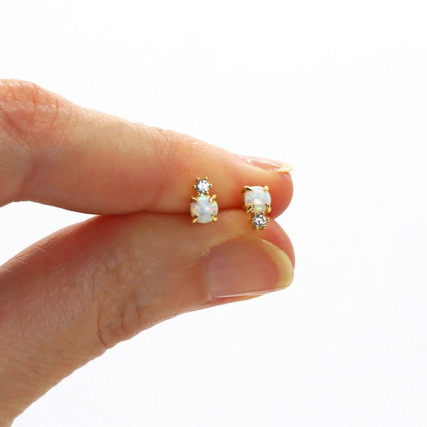 Dainty Opal Earrings, Gold Diamond Tiny Opal Studs • Opal Jewelry • White Opal Gemstone Bridesmaid Earrings • Birthday October Birthstone