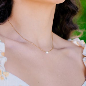 Baguette Diamond Necklace in Gold, Rose Gold, Silver Gift for her Minimalist Emerald Diamond Necklace CZ Solitaire Necklace image 2