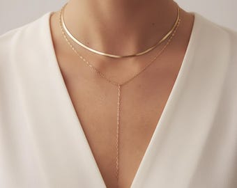 Gold Long Y Herringbone & Paperclip Chain Necklace Set Layered Lariat, Waterproof Statement Jewelry Gift