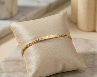 Custom Engraved Tiny Bar Name Bracelet Curb Chain • Personalized Name Initials Waterproof Jewelry Gift