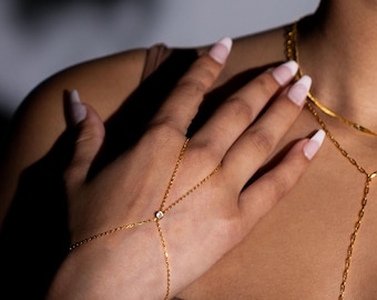 Dainty Diamond Hand Bracelet • Gold Fill Hand Chain Waterproof Boho Wedding Jewelry • Slave Bracelet