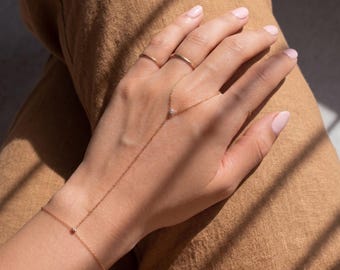 Gold Diamond CZ Hand Chain Ring Bracelet, Dainty Minimalist Waterproof Gold Fill Boho Wedding Slave Bracelet Delicate Finger Chain