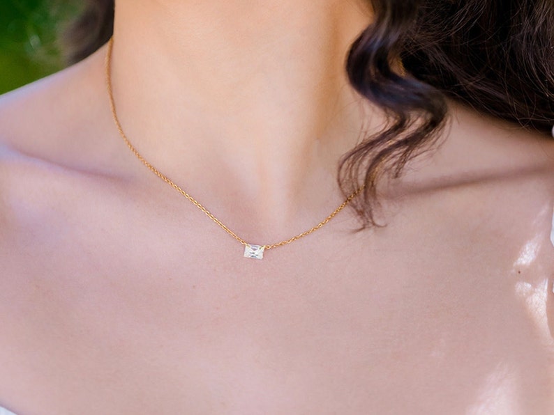 Baguette Diamond Necklace in Gold, Rose Gold, Silver Gift for her Minimalist Emerald Diamond Necklace CZ Solitaire Necklace image 3