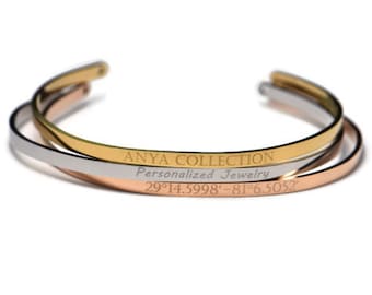Personalized Engraved Cuff Bracelet, Inspirational Mantra, GPS Coordinate Gift