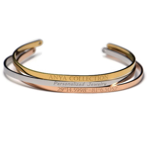 Personalized 3mm Slim Custom Bracelet, Inspirational Mantra Engraved Cuff for Women, Friendship Gift, GPS Coordinate Bracelet