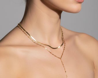 Gold Long Y Herringbone & Paperclip Chain Necklace Set Layered Lariat, Waterproof Statement Jewelry Gift
