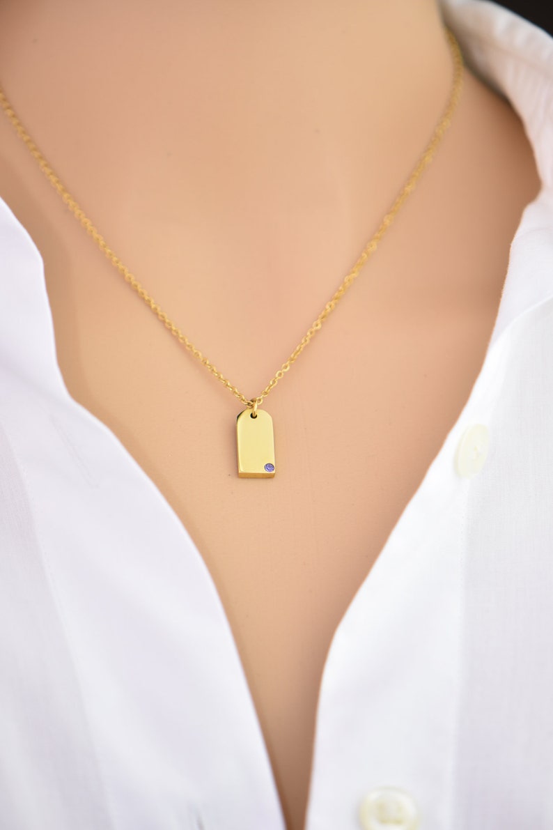 Tiny Name Tag Charm Personalized Birthstone Necklace Gold Etsy