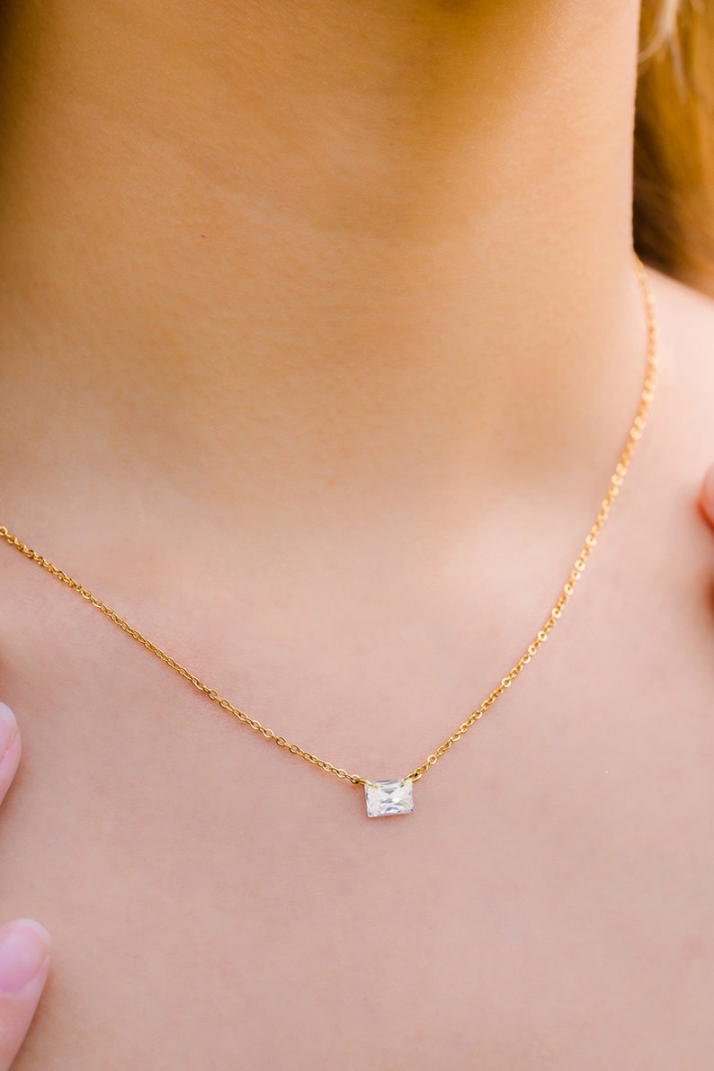 Baguette Diamond Necklace in Gold, Rose Gold, Silver Gift for her Minimalist Emerald Diamond Necklace CZ Solitaire Necklace image 4