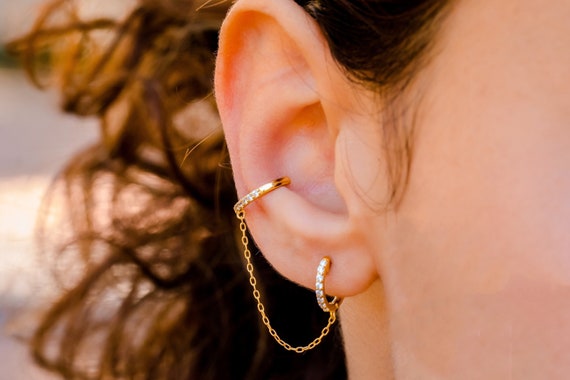 Ear Cuff With Chain Earrings Minimalist Chain Diamond Hoops 