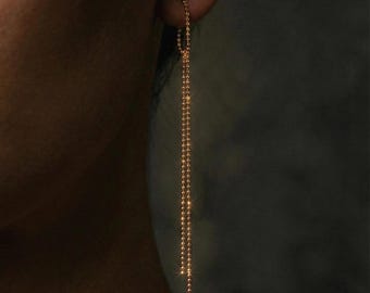 Gold Filled Shoulder Duster Earrings, Long Chain Tassel Mixed Metal Statement Ball Bead Fringe Dangle Boho Gift