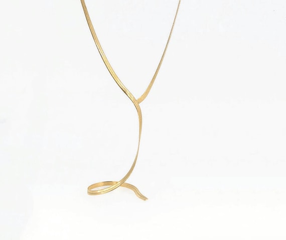 18k Gold Chain Lariat & Y Necklace Waterproof Herringbone Layering Long chain Gift for her