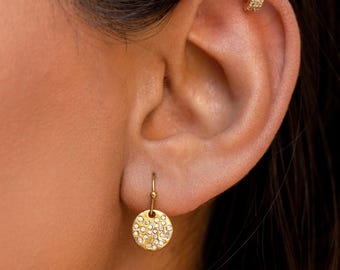 Hammered Gold Circle Disc Dangle Earrings, Simple Everyday Dot Diamond Zircon Minimalist Hoops